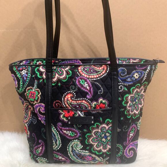 VERA BRADLEY Black Multicolor Paisley KIEV Shopper Shoulder Tote Leather Straps - Picture 1 of 13